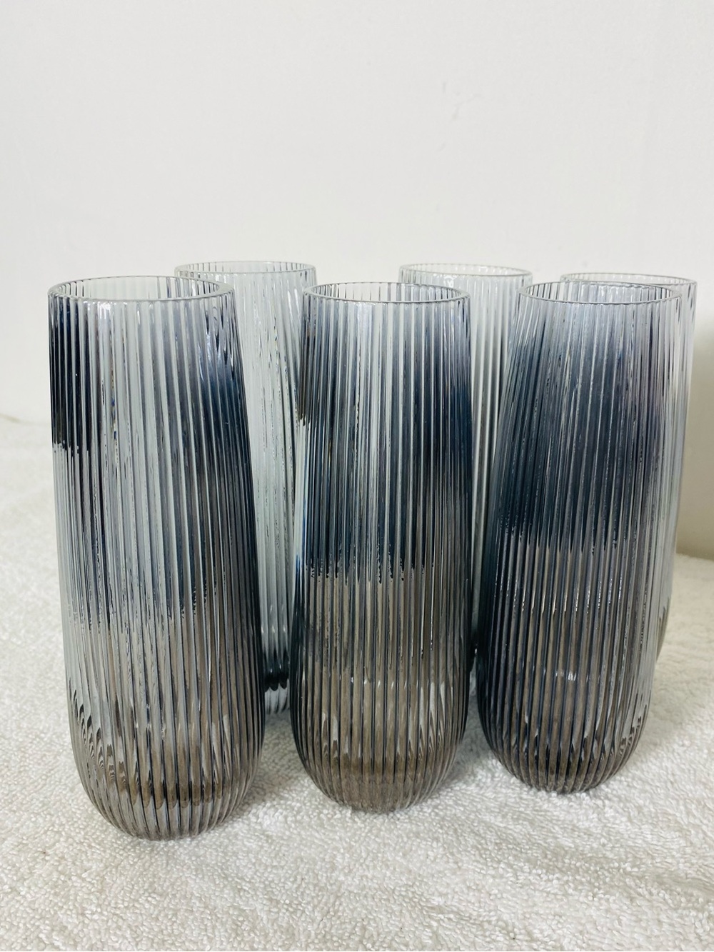 Set of 6 Smoked Grey Ribbed Stemless Champagne Flutes Fluted Ripple Glass